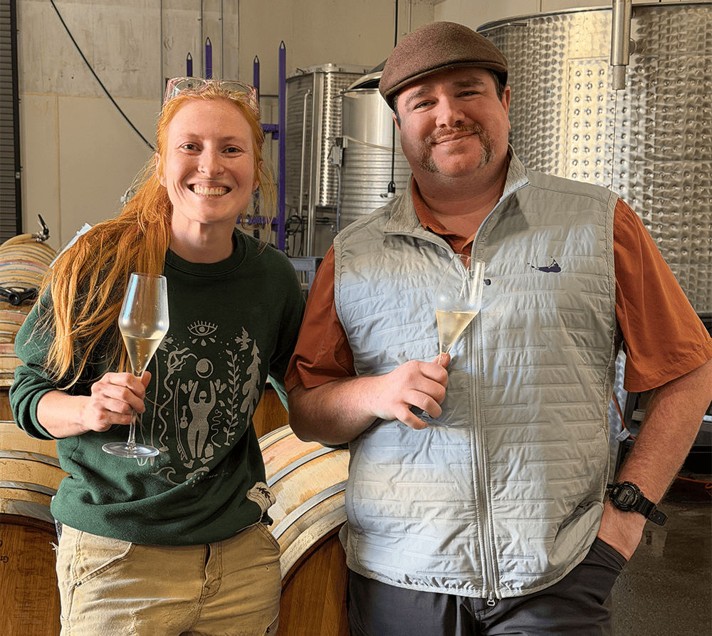 Winemaker David Milner standing with Cellar Master Maya Joye
